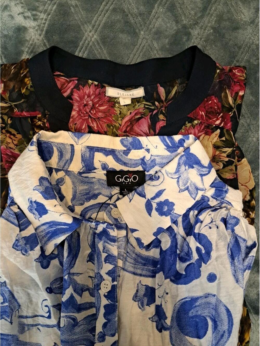 2 Lots Of NWT Gigio & Pleione  Size L Blue White Floral Long Sleeve Coastal